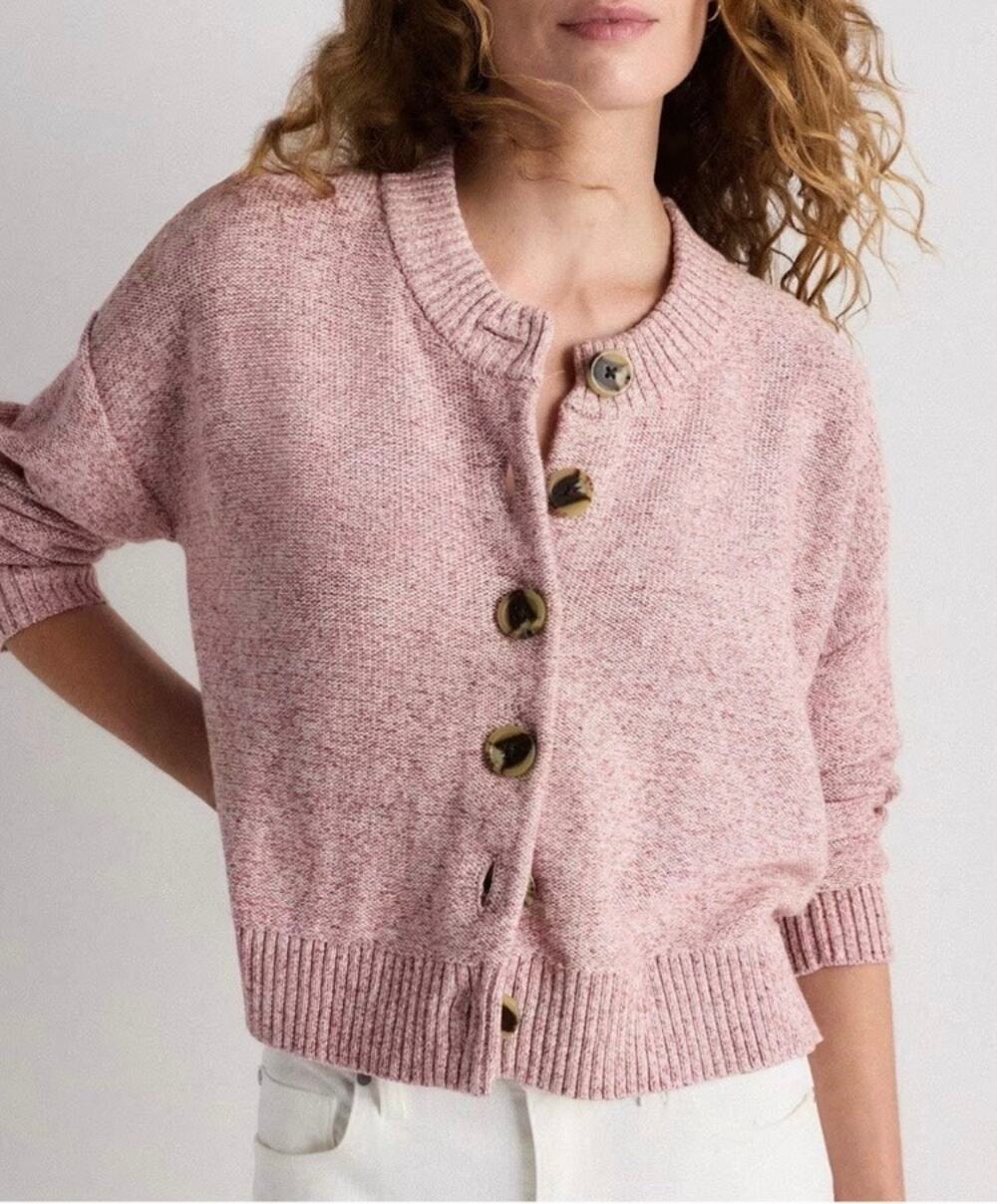 Quince Womens XS 100% Organic Cotton Cropped Cardigan Marled Rose Pink
